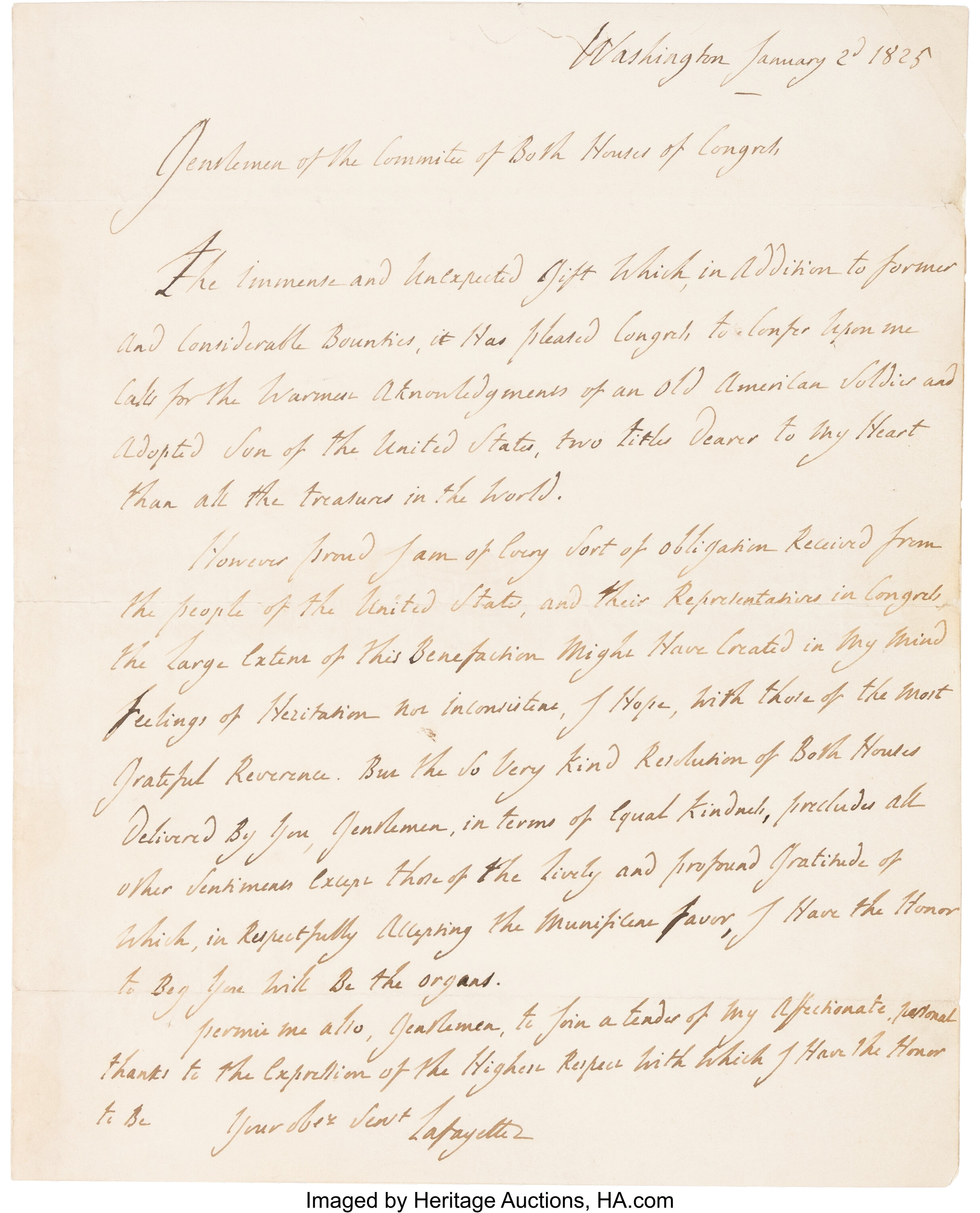 A personal letter from Marquis de Lafayette
